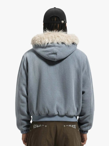 Washed Embroidered Fur-Lined Denim Bomber Jacket 