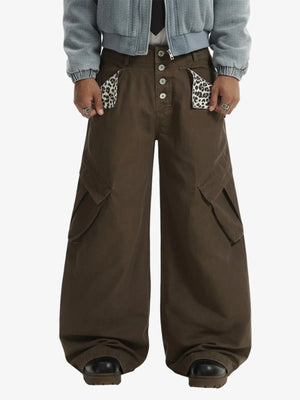 Vintage Patchwork Leopard Pocket Wide Leg Cargo Pants 