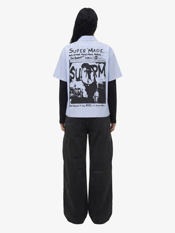 Vintage Illustration Striped Faux Two-Piece Shirt 