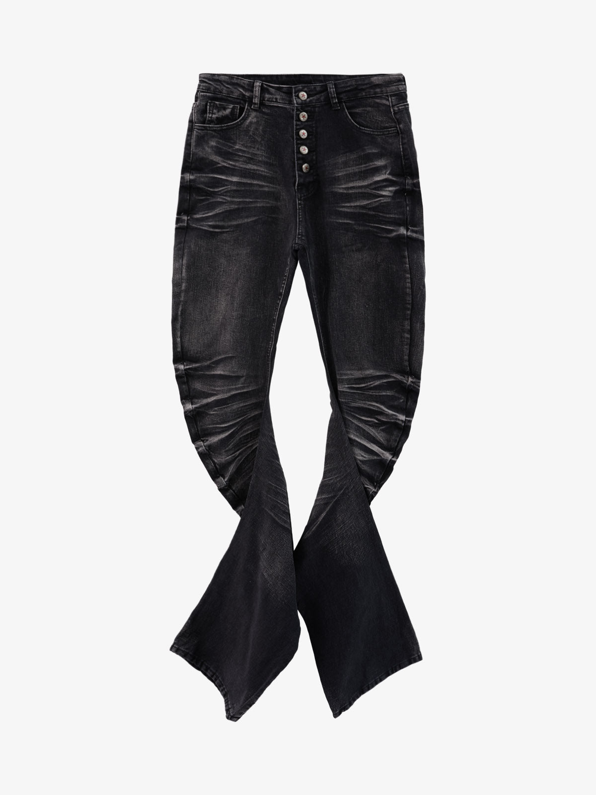Vintage Distressed Button Fly Ruched Panel Flared Jeans 