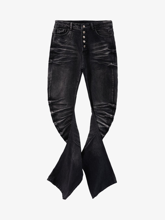 Vintage Distressed Button Fly Ruched Panel Flared Jeans 