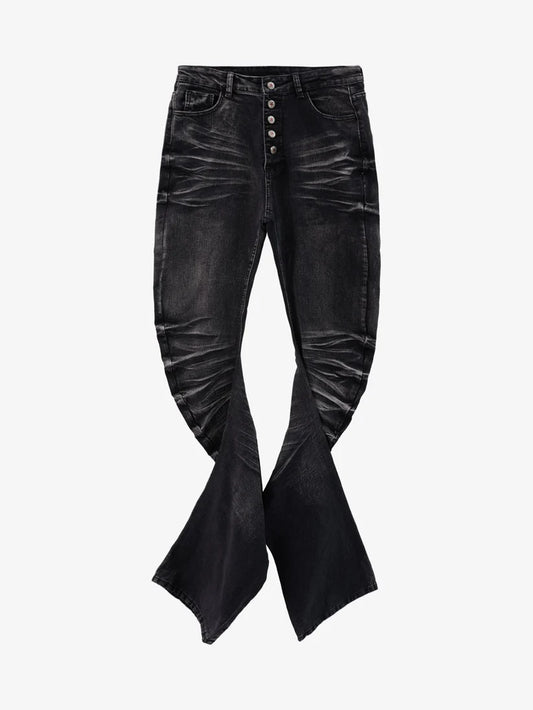Vintage Distressed Button Fly Ruched Panel Flared Jeans