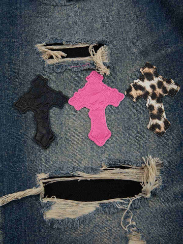 Distressed Cross Patchwork Washed Baggy Jeans 