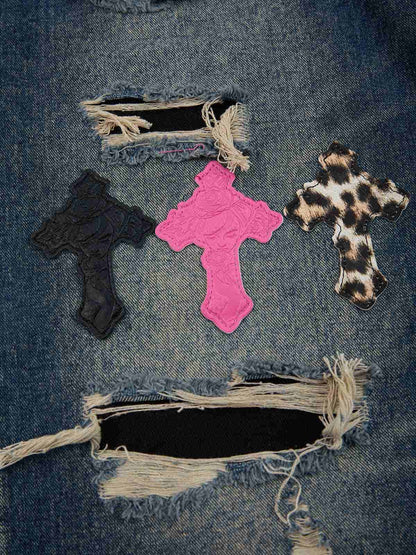 Distressed Cross Patchwork Washed Baggy Jeans 