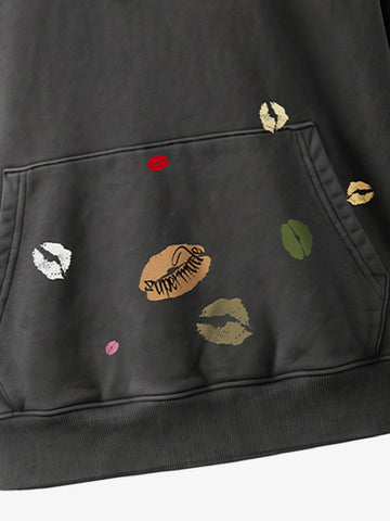 Fleece Cotton Blend Hoodie with Lip Print Embroidery