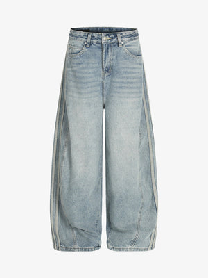Retro Washed Side Striped Barrel Denim Jeans 