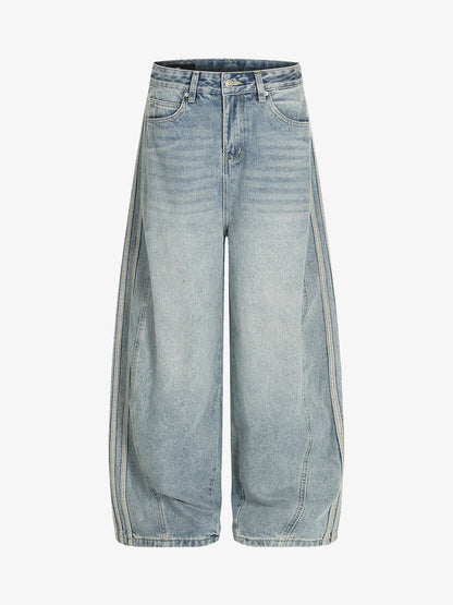 Retro Washed Side Striped Barrel Denim Jeans 