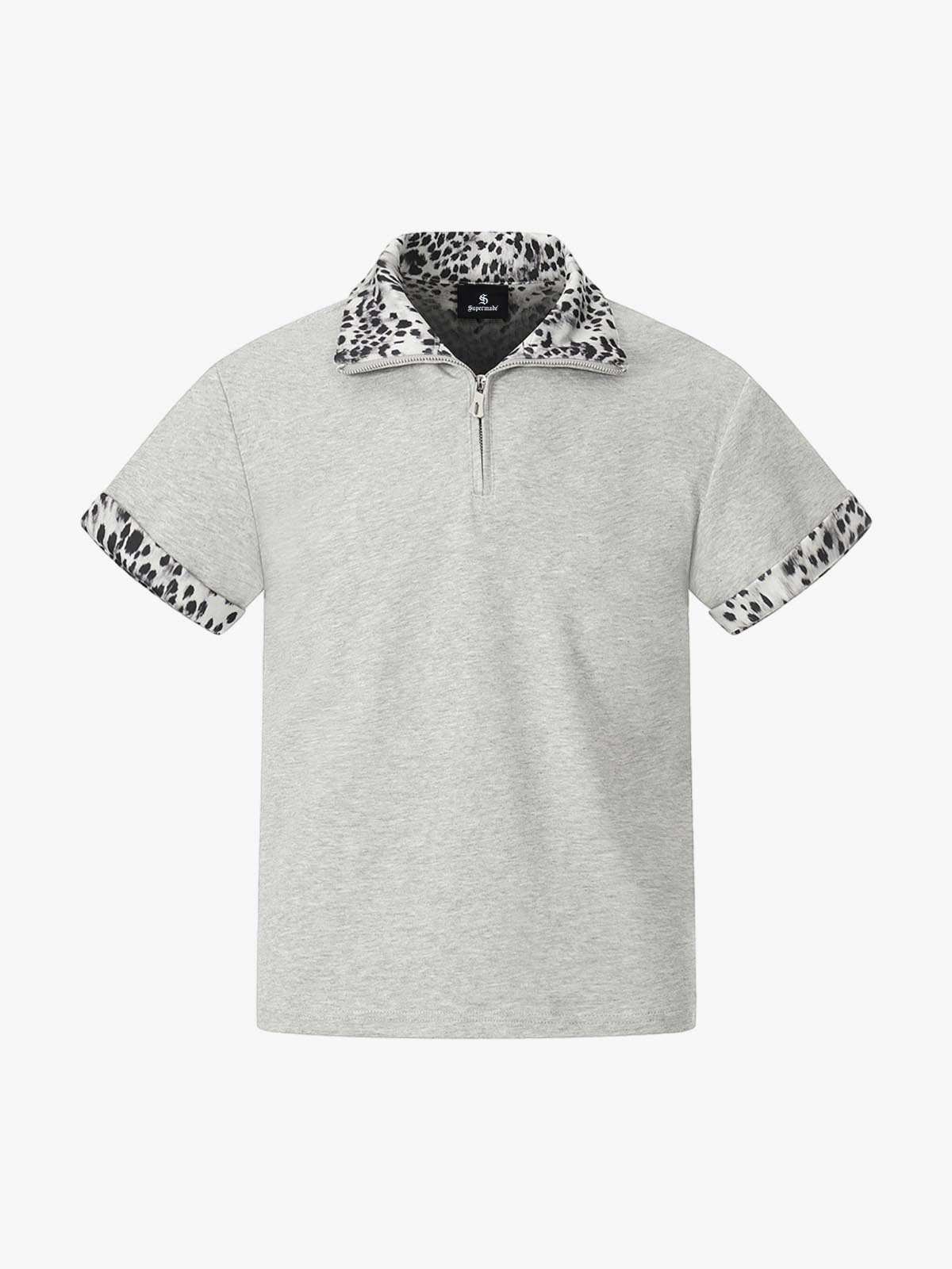 Leopard Trim Half Zip Polo T-Shirt