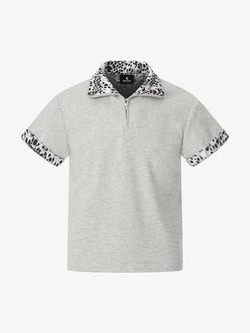 Leopard Trim Half Zip Polo T-Shirt