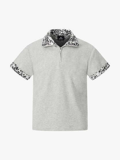 Leopard Trim Half Zip Polo T-Shirt