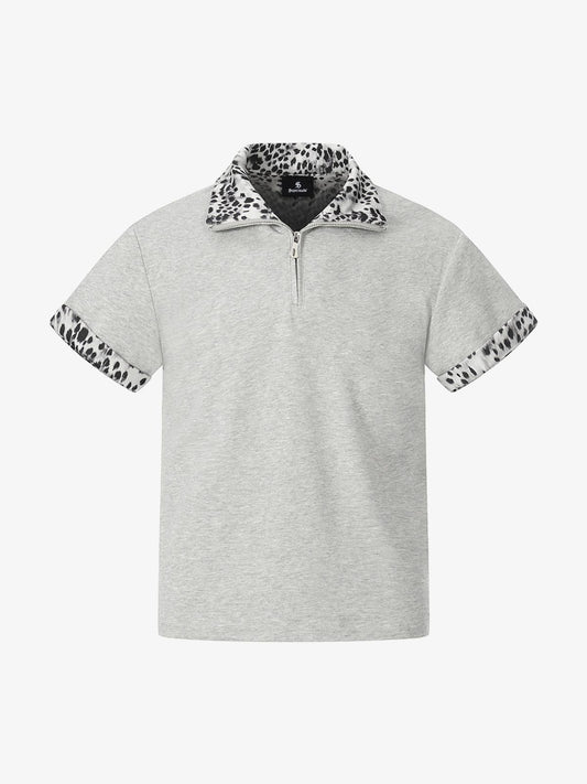 Leopard Trim Half Zip Polo T-Shirt