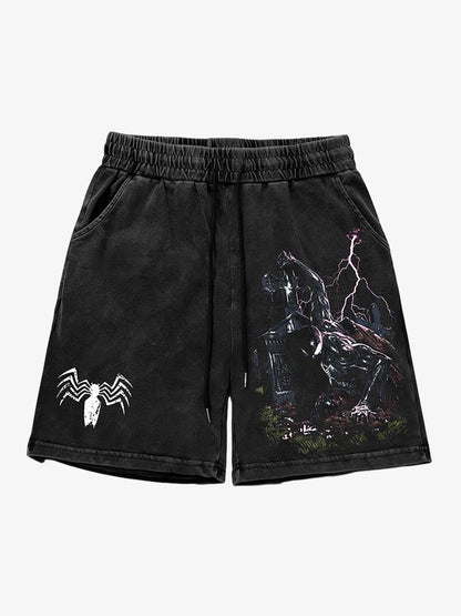 Washed Distressed Spider Print Shorts