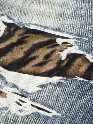 Vintage Washed Tiger Print Wide Leg Denim Jeans 