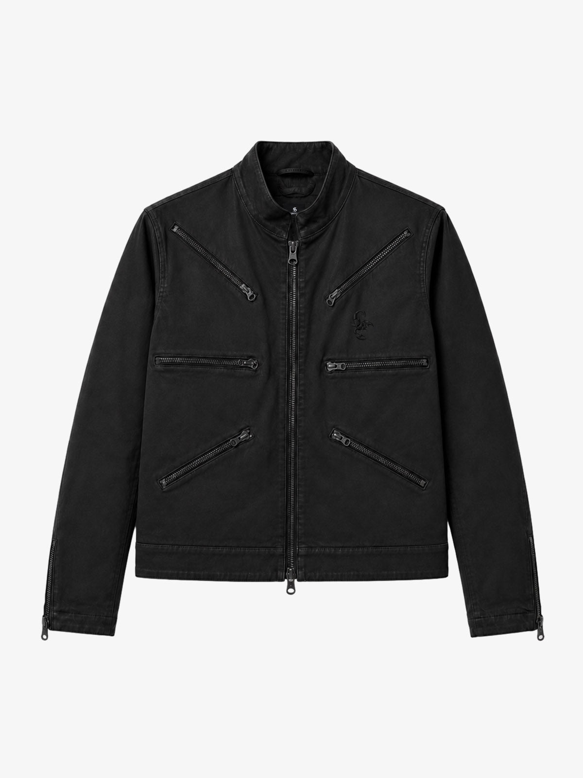 Six-Zip Washed Stand Collar Twill Jacket