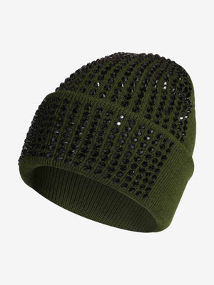 Rhinestone Embellished Ribbed Knit Beanie Hat 