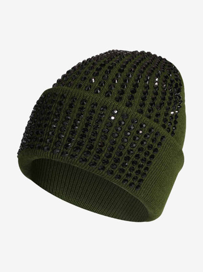 Rhinestone Embellished Ribbed Knit Beanie Hat 