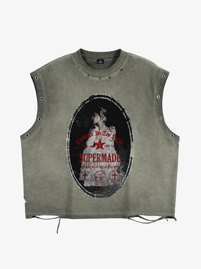 Man in the Mirror Graphic Studded Distressed Vest
