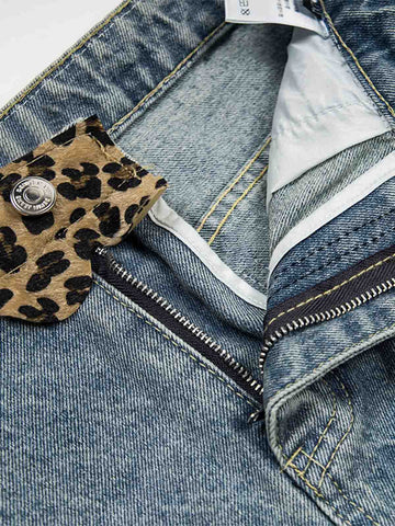 Vintage Leopard Panel Distressed Denim Shorts