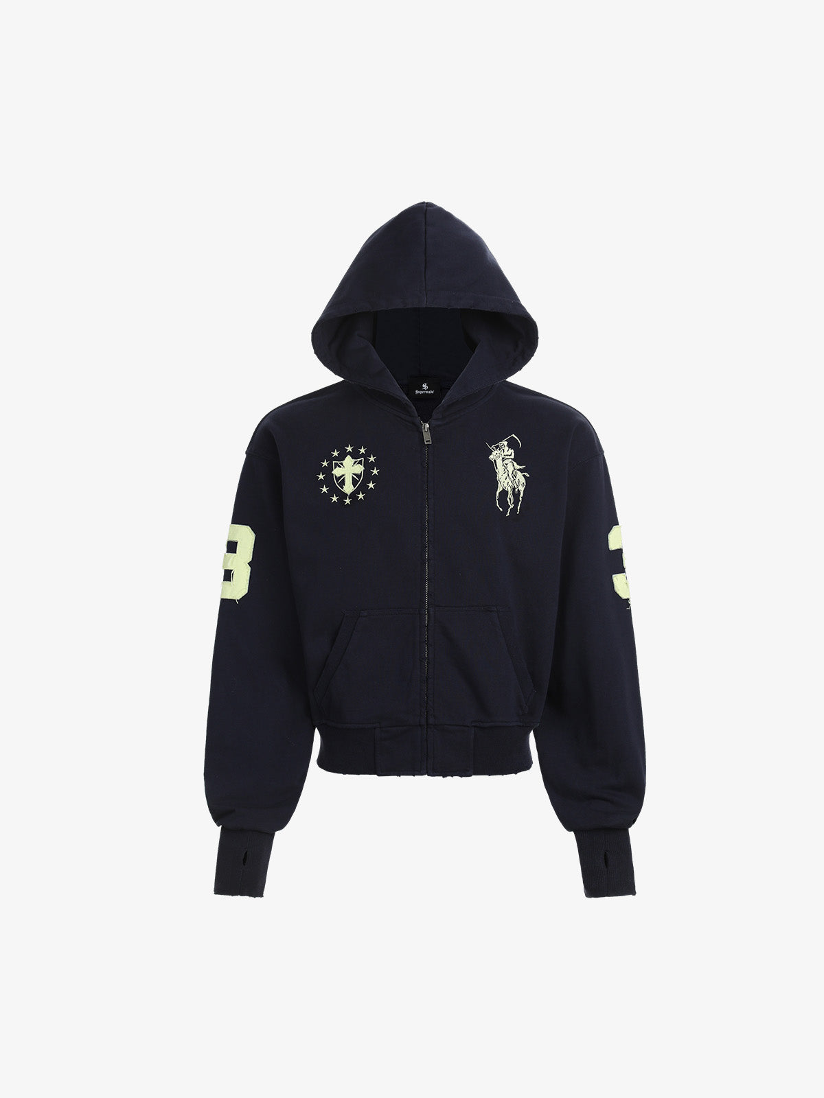 Streetwear Knight Horse Embroidered Cropped Zip-Up Hoodie