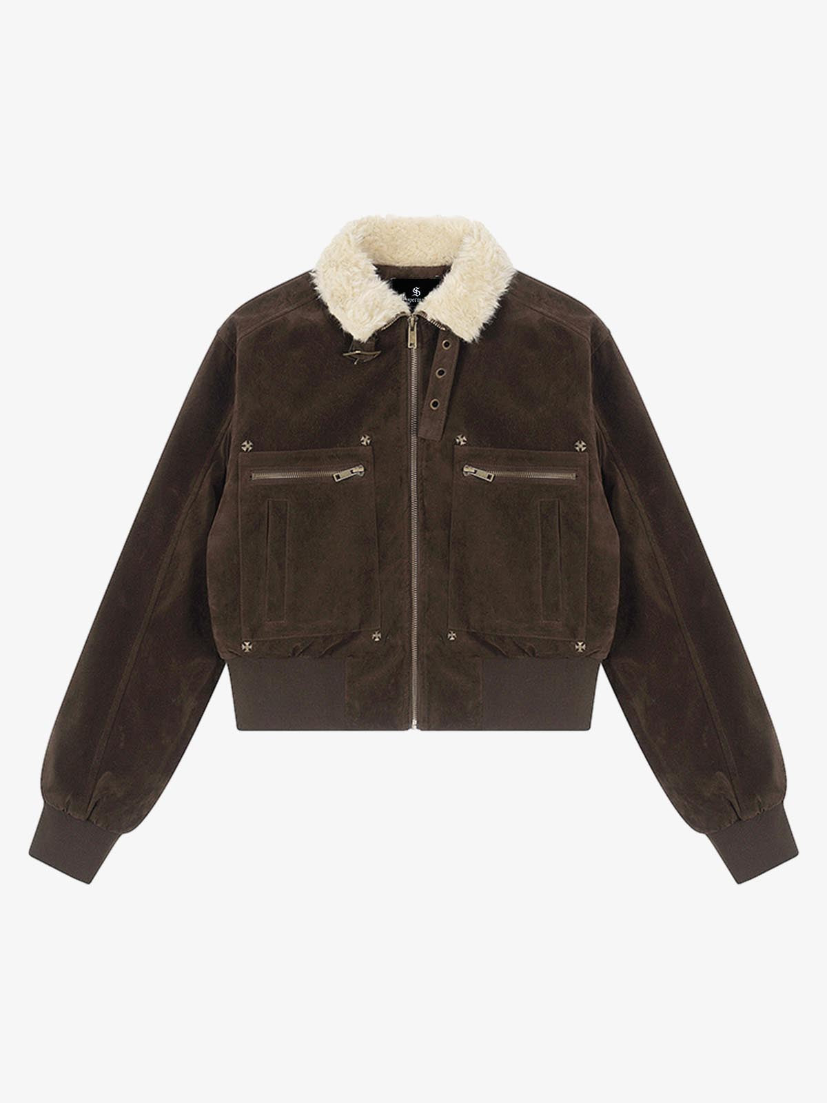 Utility Faux Shearling Collar Suede Look Zip Up Jacket 