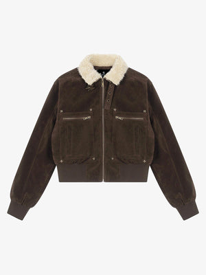 Utility Faux Shearling Collar Suede Look Zip Up Jacket 