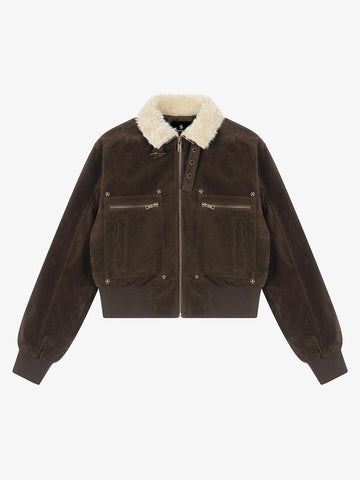 Utility Faux Shearling Collar Suede Look Zip Up Jacket 