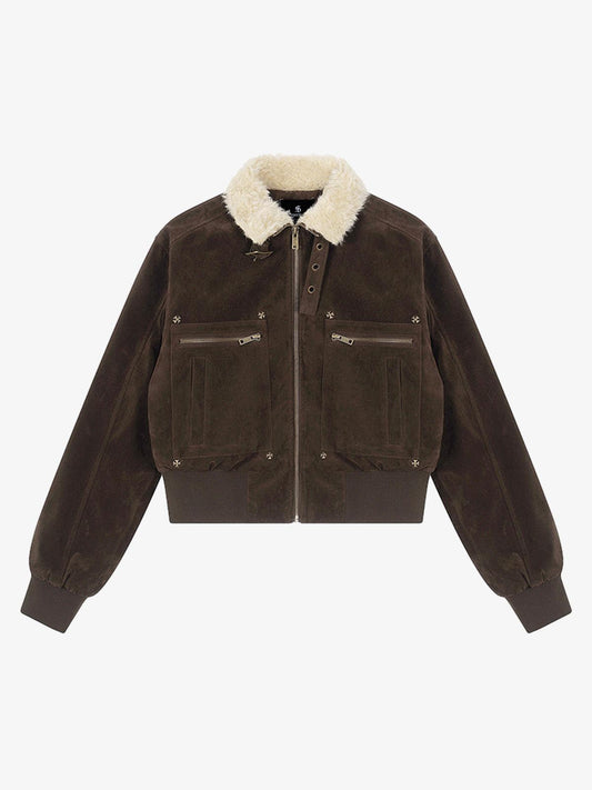 Utility Faux Shearling Collar Suede Look Zip Up Jacket 