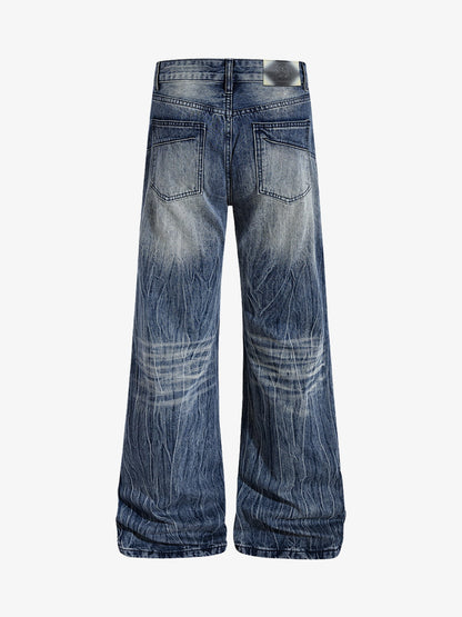 Vintage Washed Distressed Flared Denim Jeans 