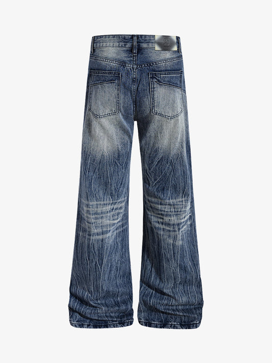 Vintage Washed Distressed Flared Denim Jeans 