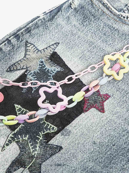 Charm Detail Graphic Denim Shorts