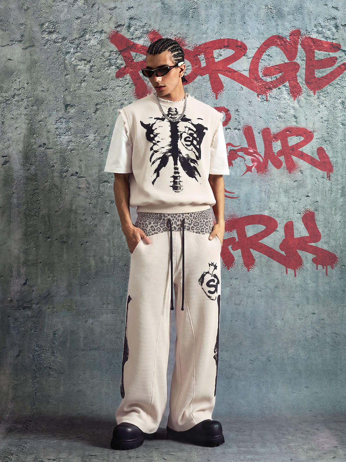 Vintage Skeleton Graphic Waffle Knit Sleeveless Vest 