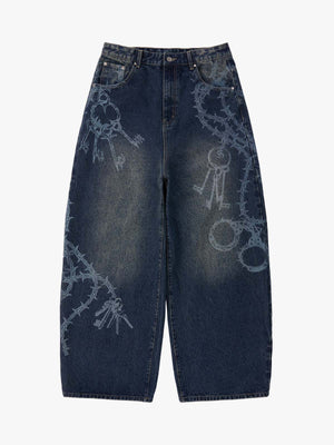 Original Retro Thorn and Key Pattern Laser-Burnout Baggy Jeans - 2595 
