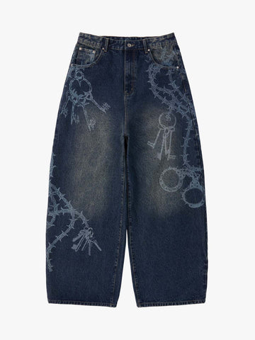 Original Retro Thorn and Key Pattern Laser-Burnout Baggy Jeans - 2595 