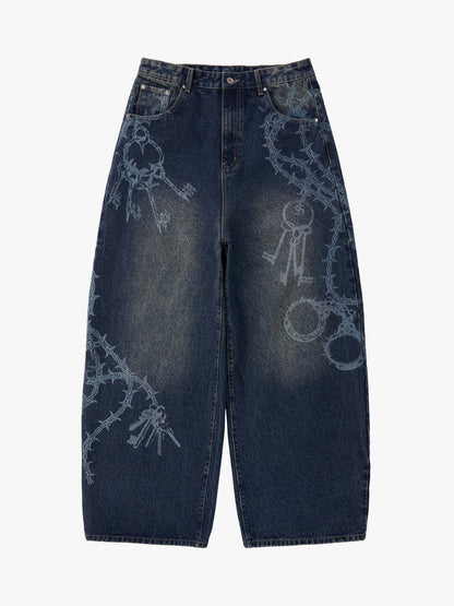 Original Retro Thorn and Key Pattern Laser-Burnout Baggy Jeans - 2595 