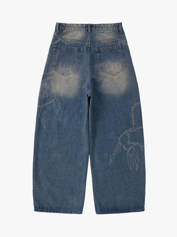 Original Retro Thorn and Key Pattern Laser-Burnout Baggy Jeans - 2595 