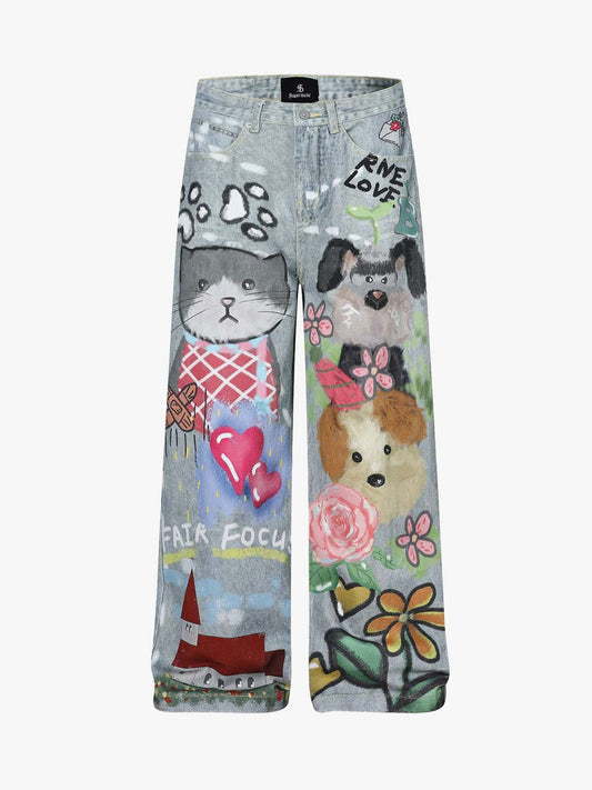 Graffiti Cartoon Animal Print Distressed Wide Leg Denim Jeans 