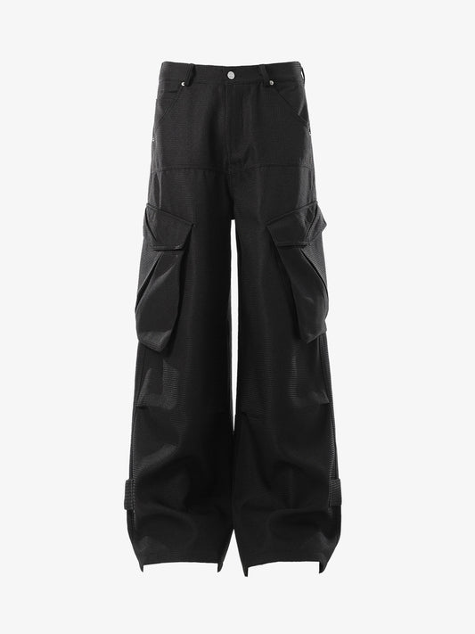 Multi-Pocket Textured Fabric Flared Pants 