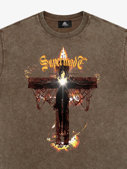 Washed Gothic Cross Graphic T-Shirt 