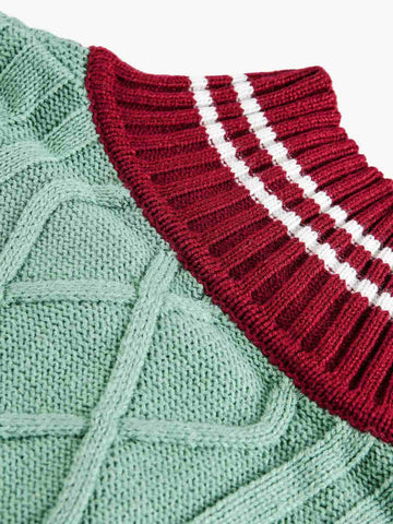 Retro Contrast Color High Neck Knitted Cardigan Sweater 