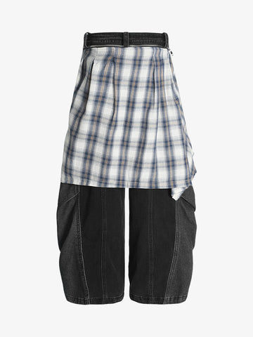 Denim Faux Two-piece Plaid Detachable Scimitar Jeans - 2435 