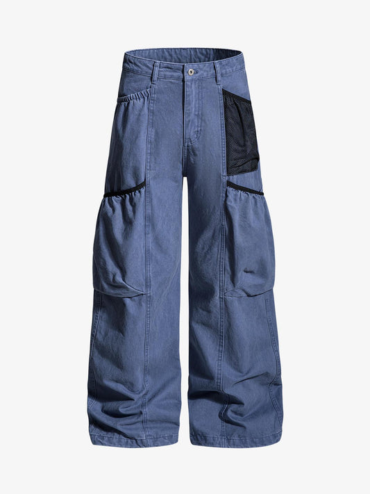 Industrial Grey Mesh Patchwork Multi-Pocket Cargo Pants