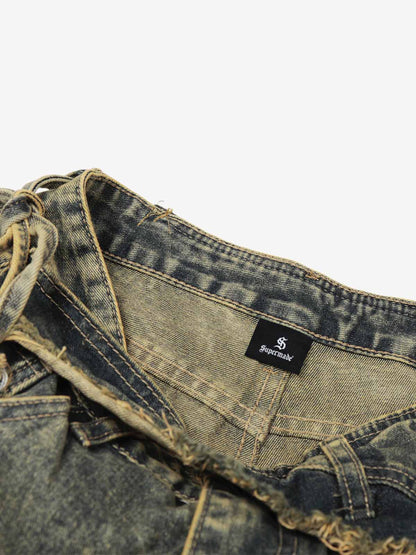 Layered Waist Tie Detail Vintage Wash Jeans 