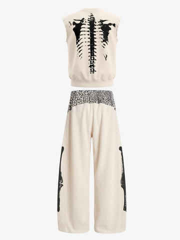 Unisex waffle-print street casual suit, featuring a skull-print sleeveless top and leopard-print patchwork wide-leg pants. 