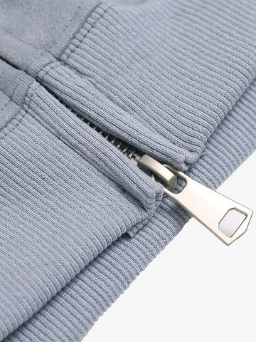 Vintage Suede Letter Embroidered Cropped Zip Up Hoodie 