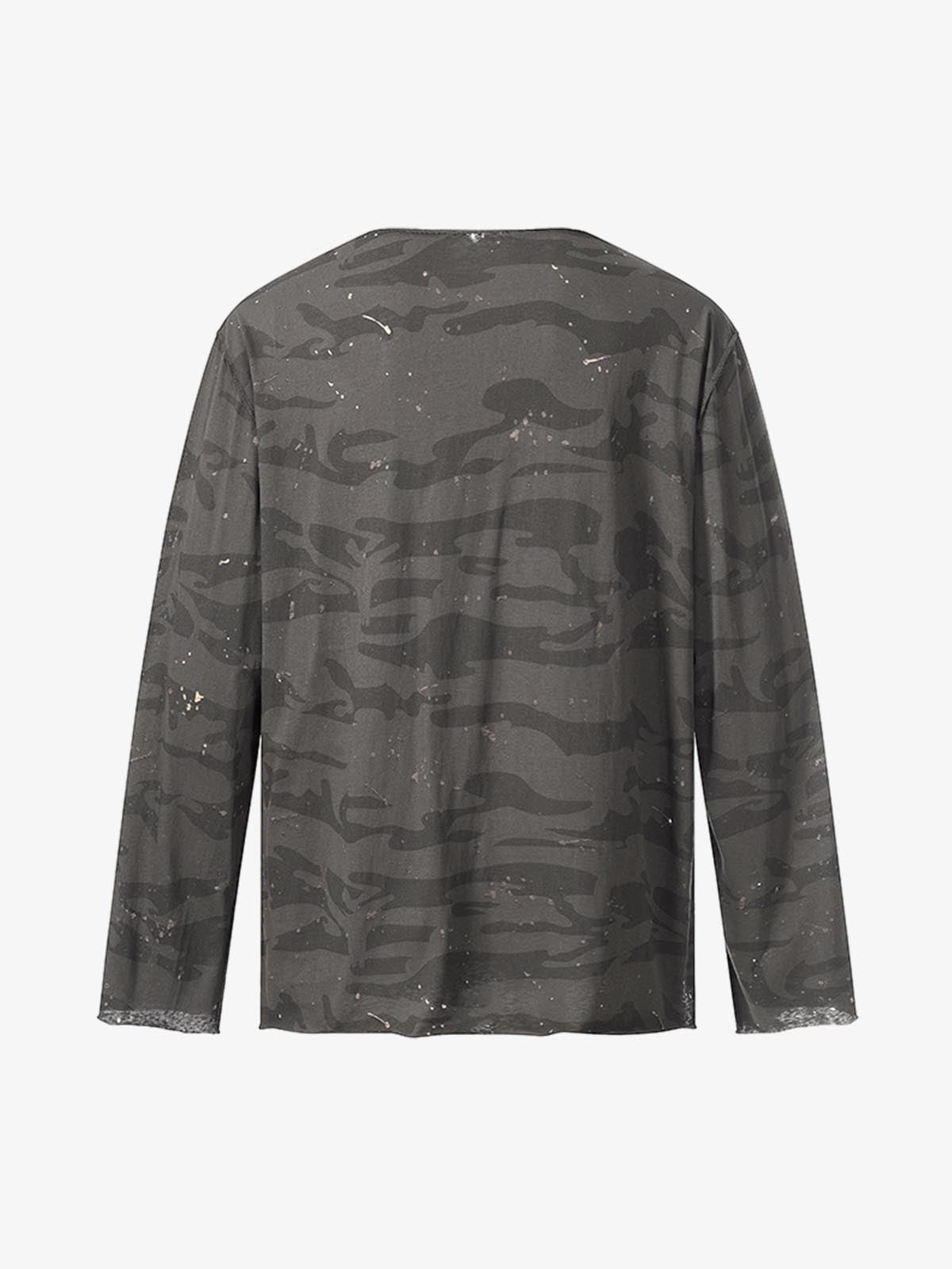 Distressed Camo Paint Splatter V-Neck Henley T-Shirt 