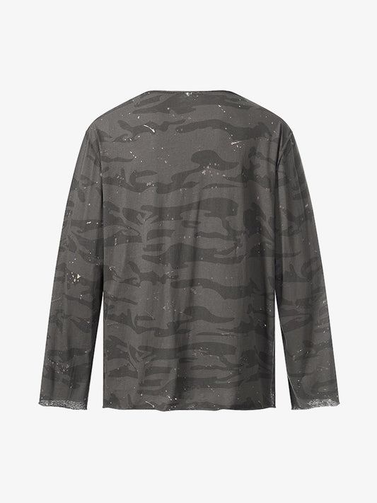 Distressed Camo Paint Splatter V-Neck Henley T-Shirt 