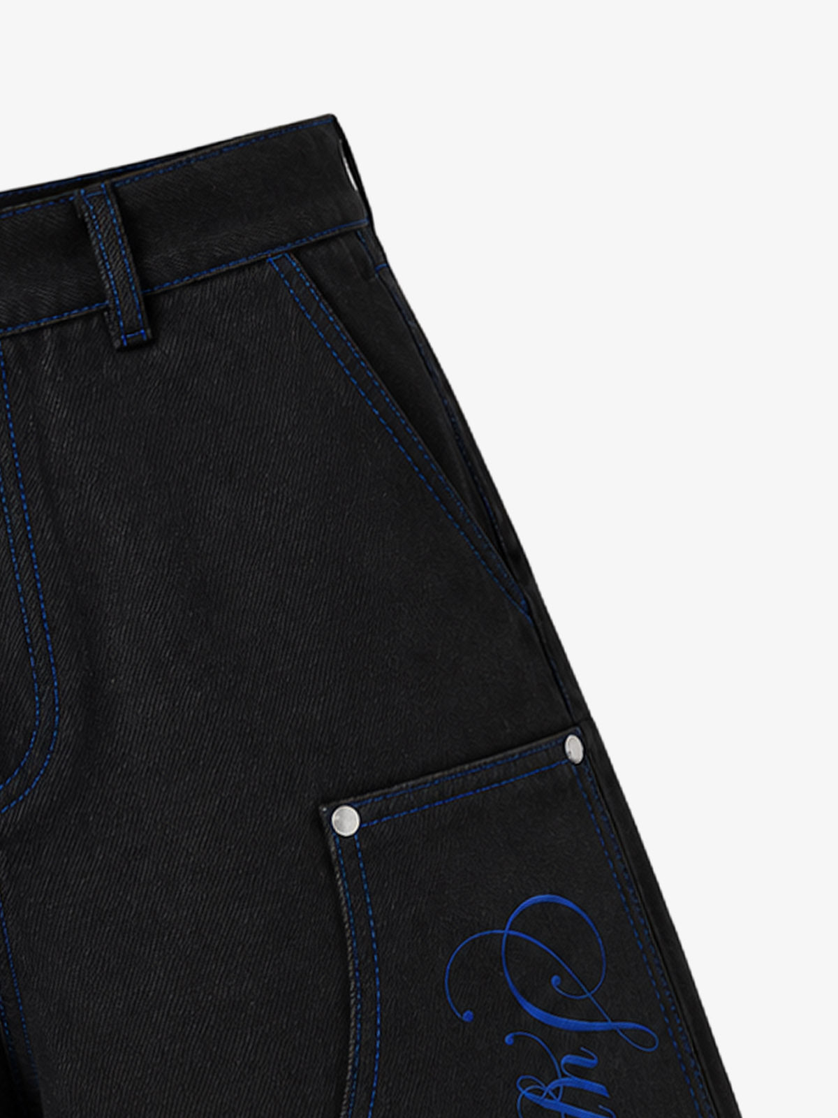 Black Utility Denim Shorts with Blue Embroidery