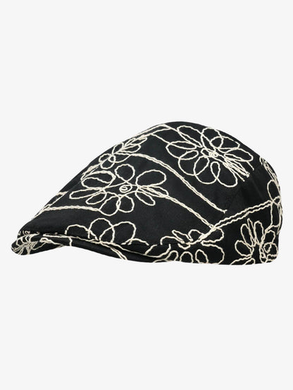 Floral Embroidered Cotton Flat Cap 