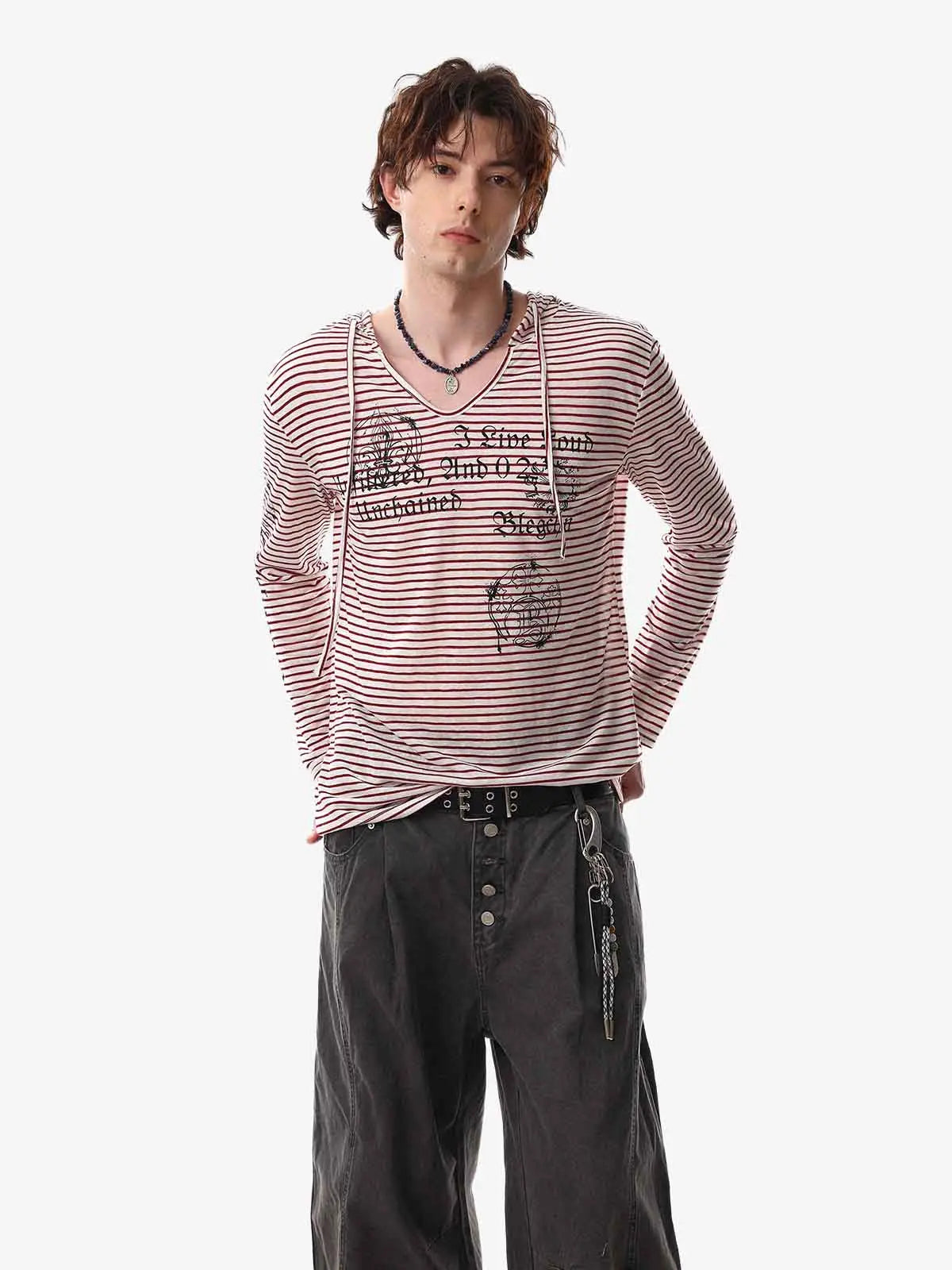 Graphic Print and V-Neck Striped Long Sleeve Hooded T-Shirt 