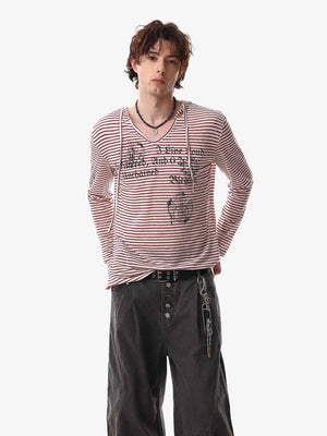 Graphic Print and V-Neck Striped Long Sleeve Hooded T-Shirt 